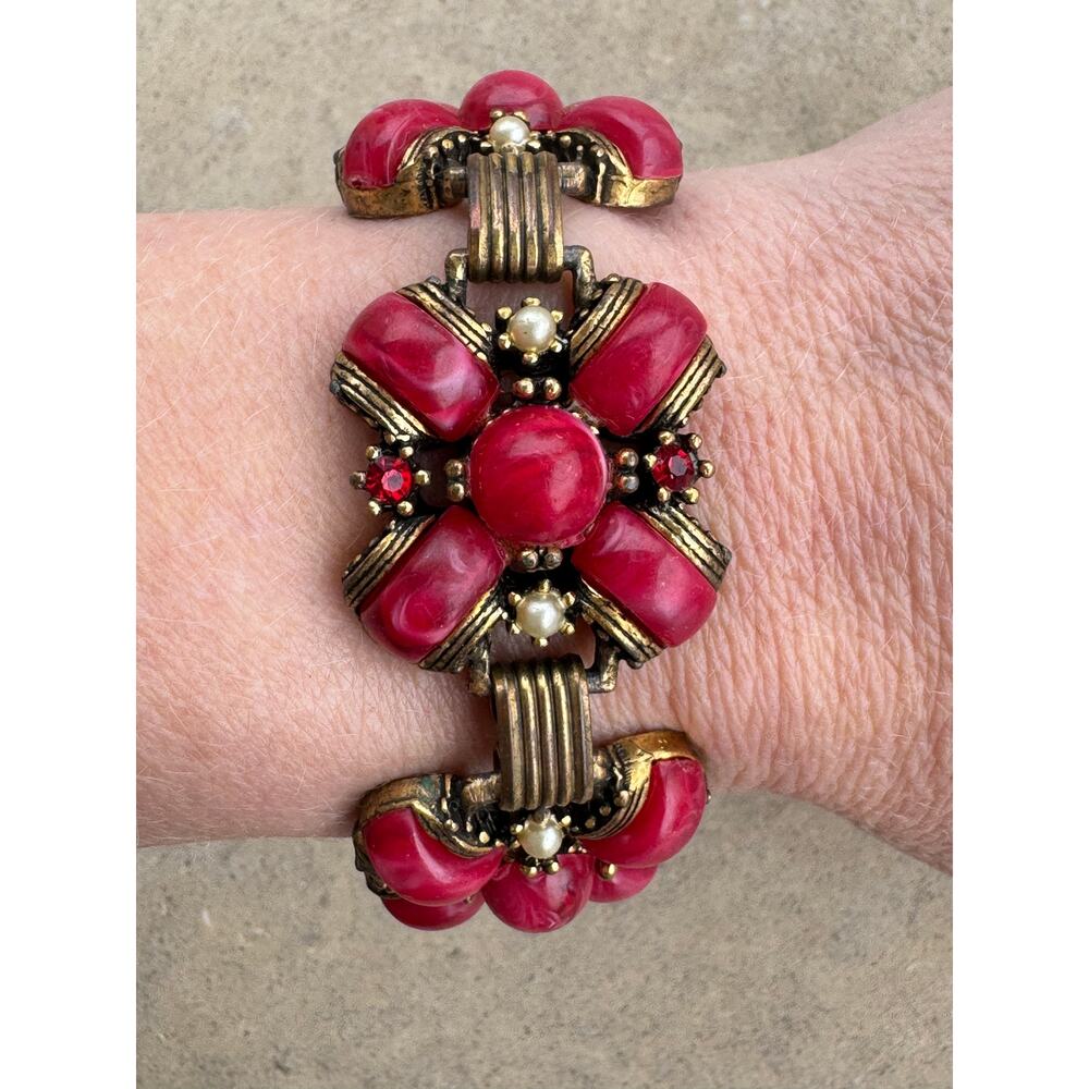 Antique Victorian Style Vintage Copper Lucite Pearl Bracelet Costume Jewelry